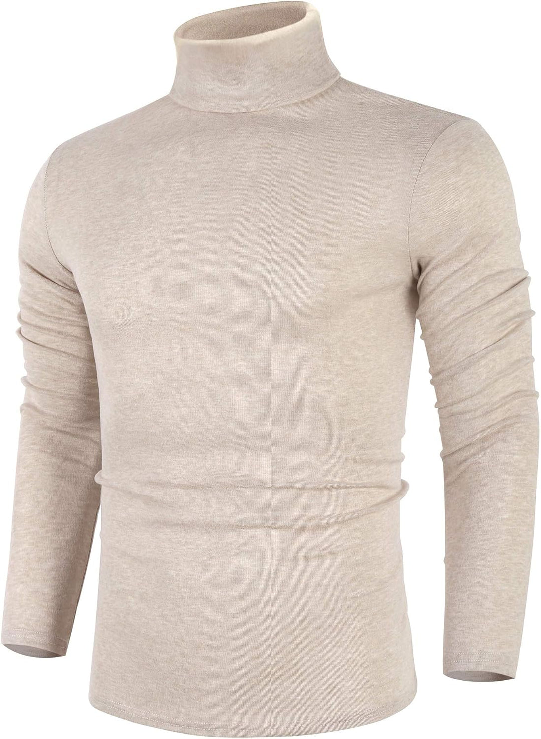 Front view of men's beige knit turtleneck sweater
