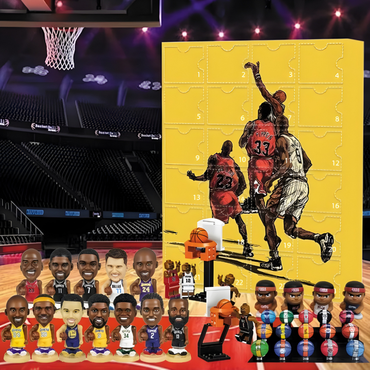 Basketball advent calendar box displayed alongside miniature player figurines and basketball accessories