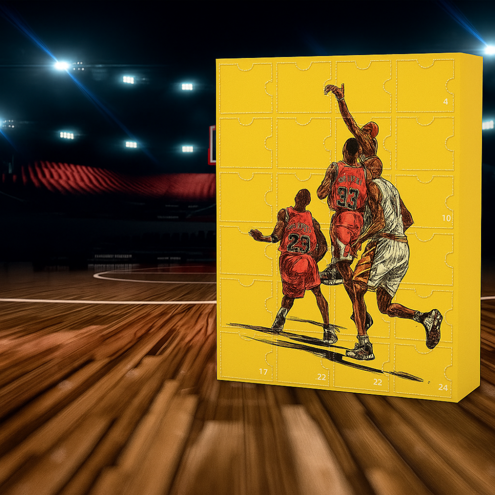 Yellow basketball advent calendar box standing upright in front of a basketball court background