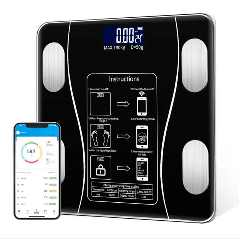 Full view of black digital smart bathroom scale with instructions printed on the glass surface