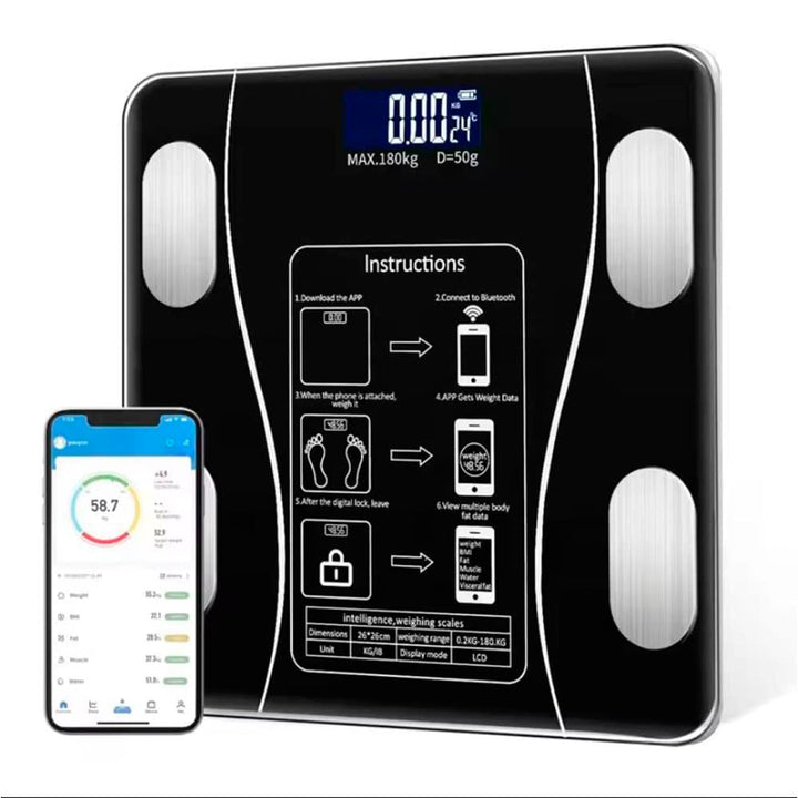 Full view of black digital smart bathroom scale with instructions printed on the glass surface