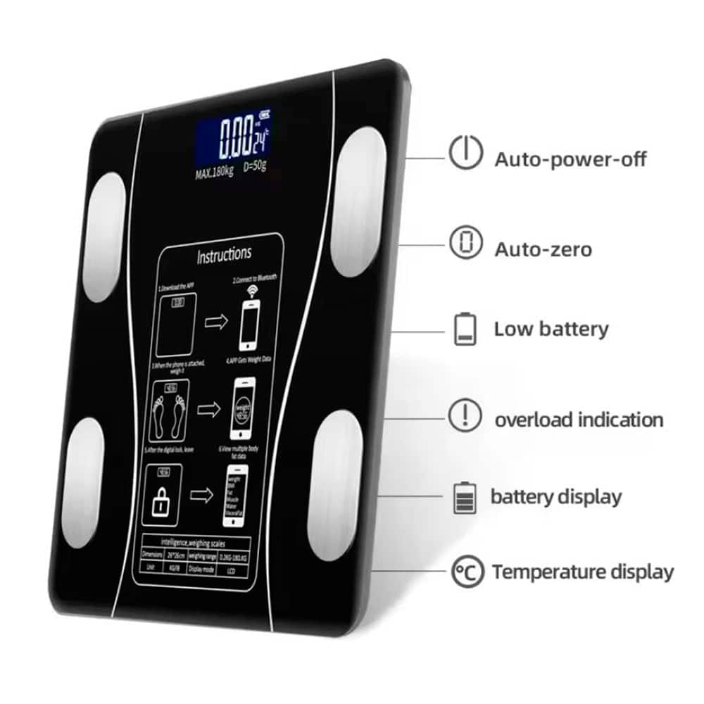 Smart bathroom scale highlighting product features such as auto power off and temperature display
