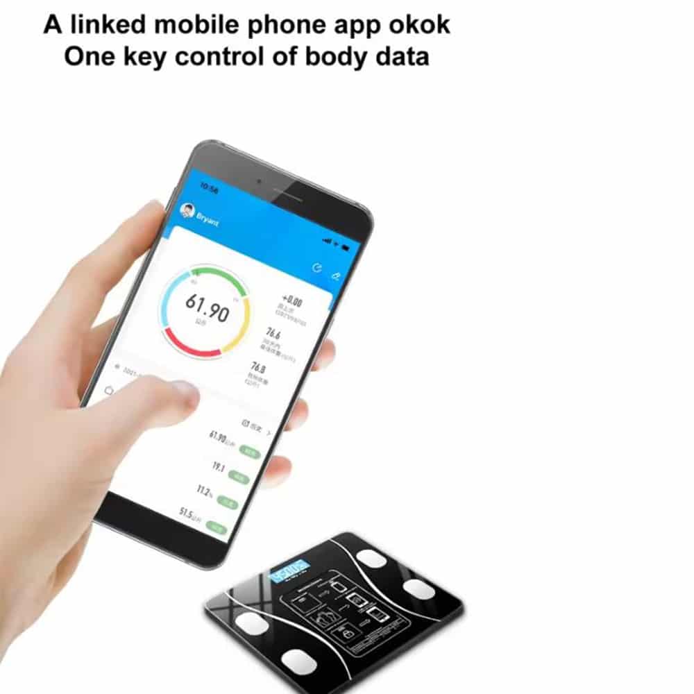 Bluetooth body fat scale syncing health data to a smartphone fitness app