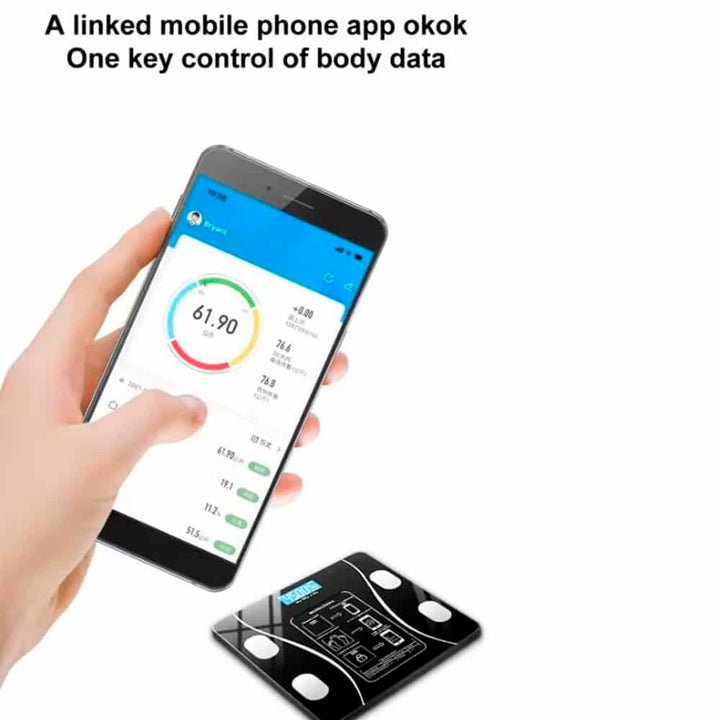 Bluetooth body fat scale syncing health data to a smartphone fitness app
