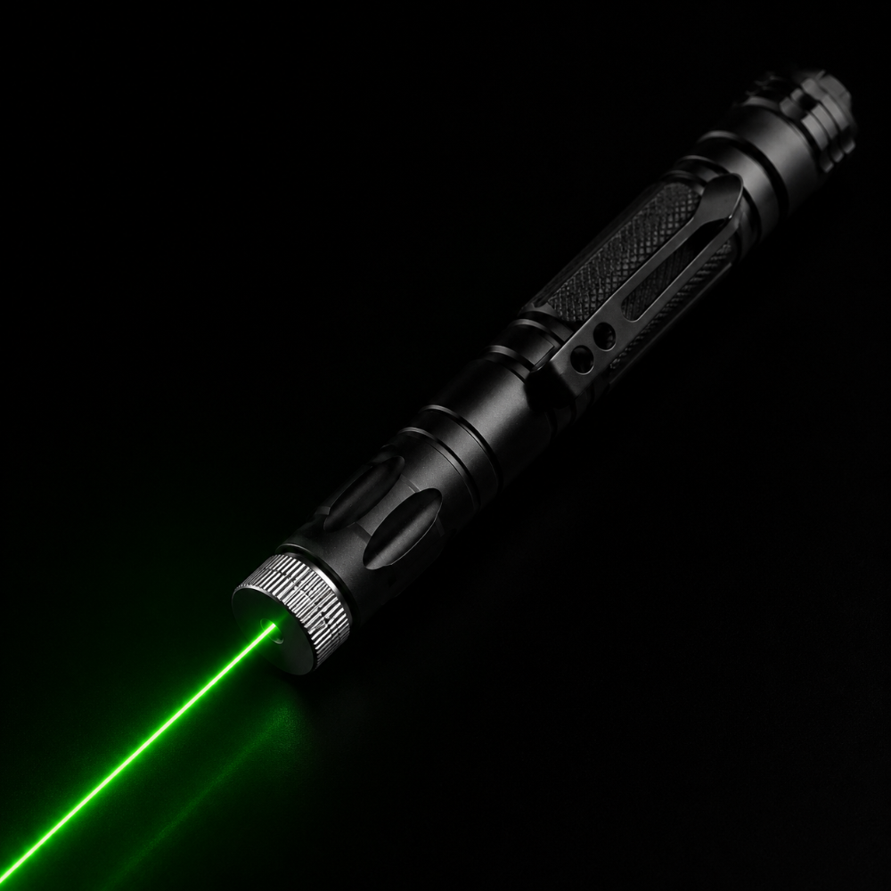 Green laser pointer with adjustable focus and black aluminum body