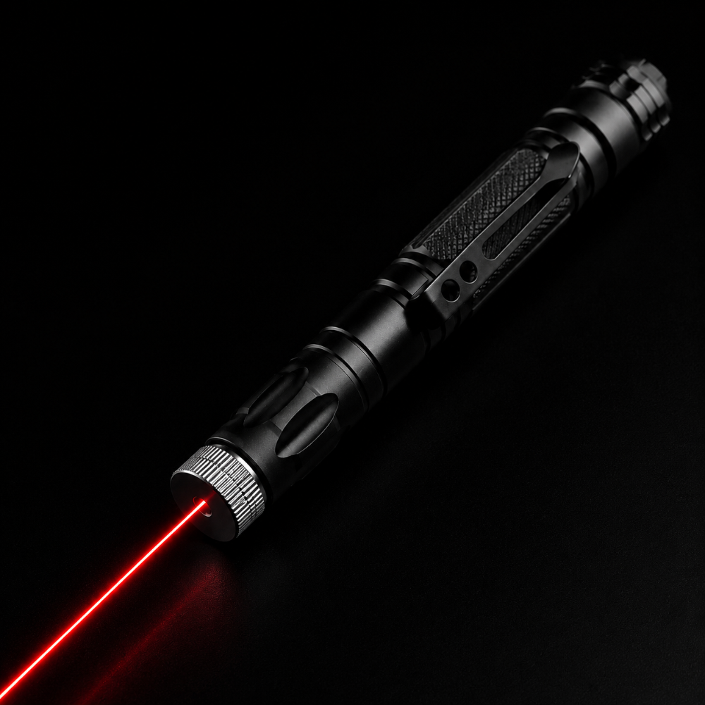 Red laser pointer emitting a bright beam against a dark background