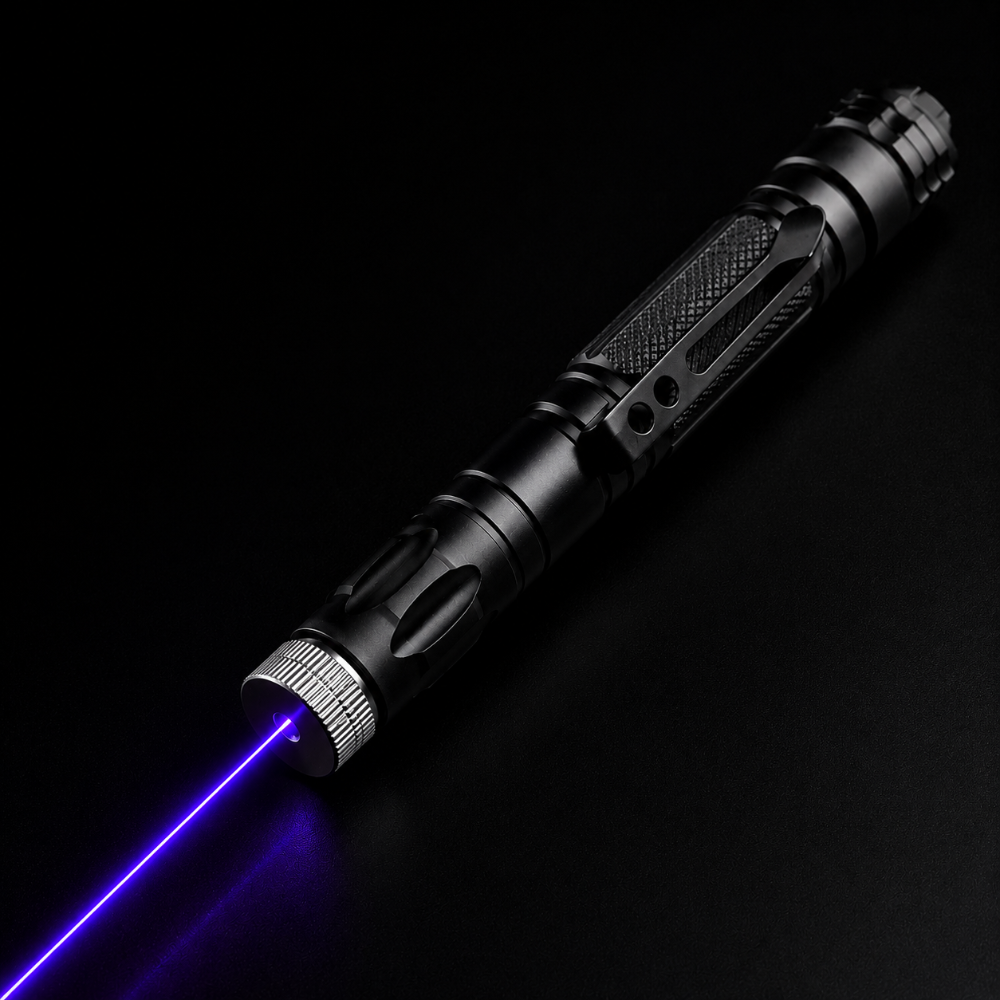Blue laser pointer showing the compact and portable handheld design