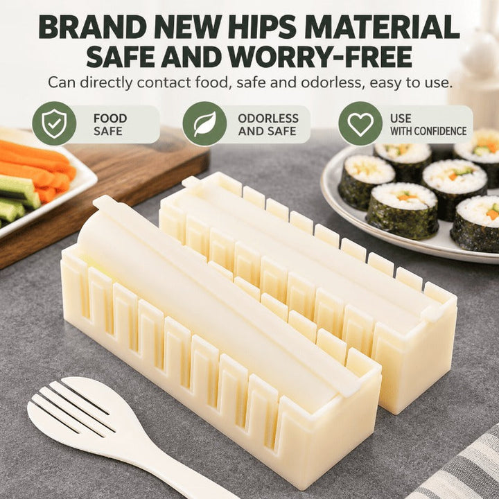 Top view of the sushi mold kitchen gadget laid out with all pieces