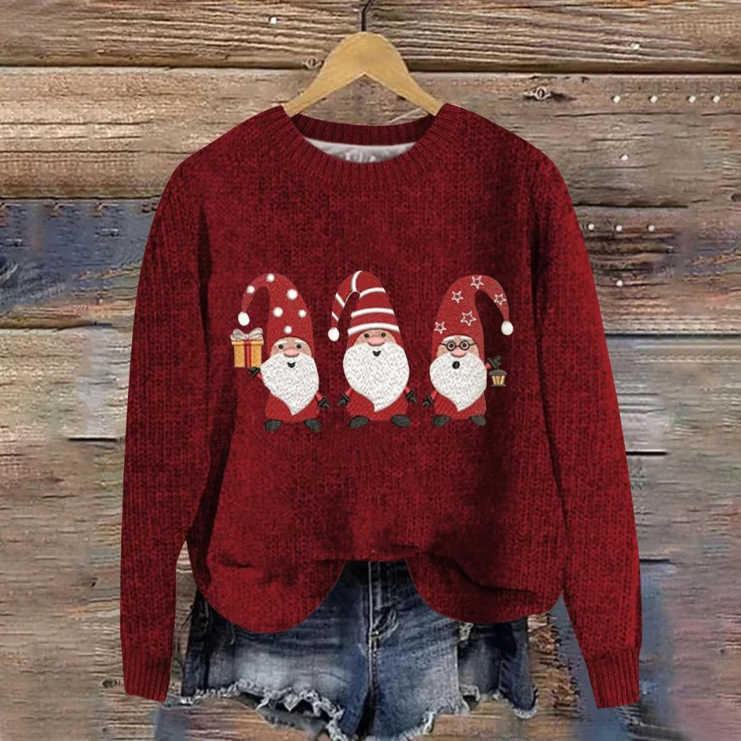 Interior label and neckline detail of comfortable festive winter holiday sweater