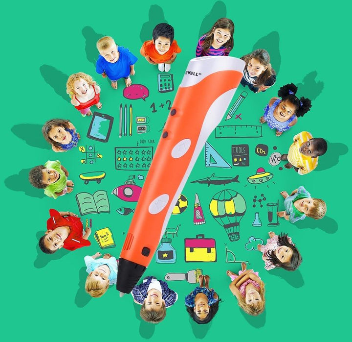 Creative 3D pen shown surrounded by children's drawings and artwork ideas