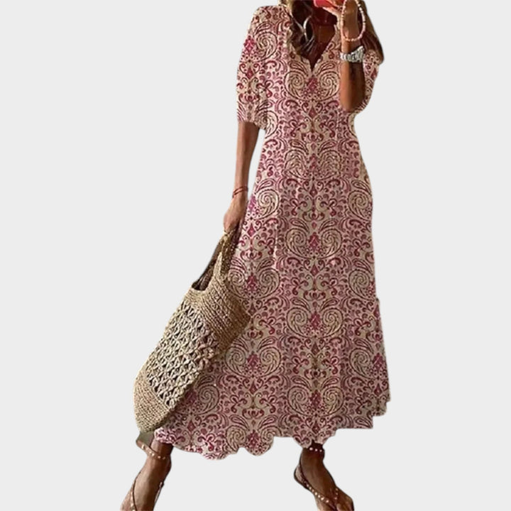 Womens summer floral boho maxi dress featuring a V-neck, perfect beach holiday wear