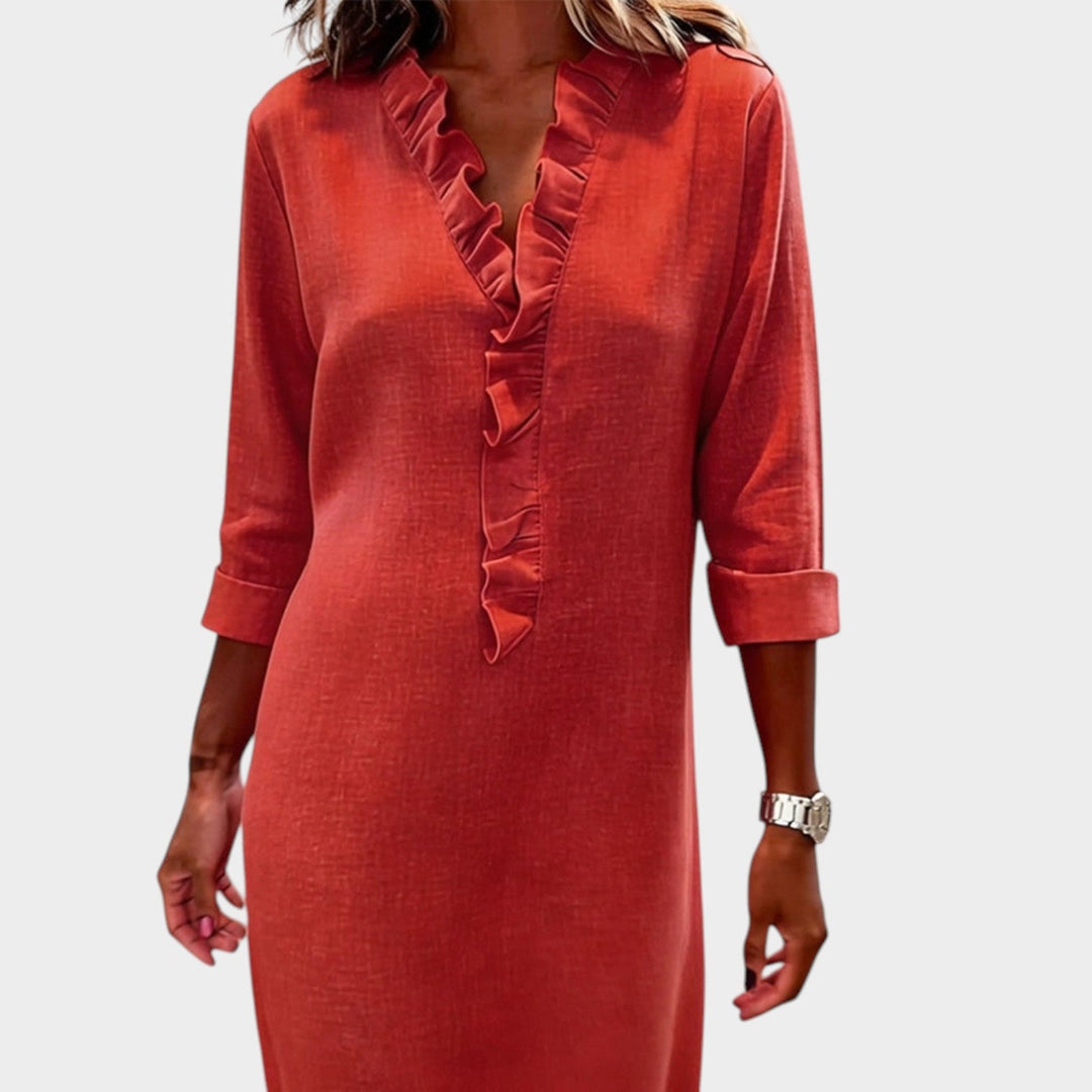 Women's V-neck midi dress with long sleeves in casual spring style