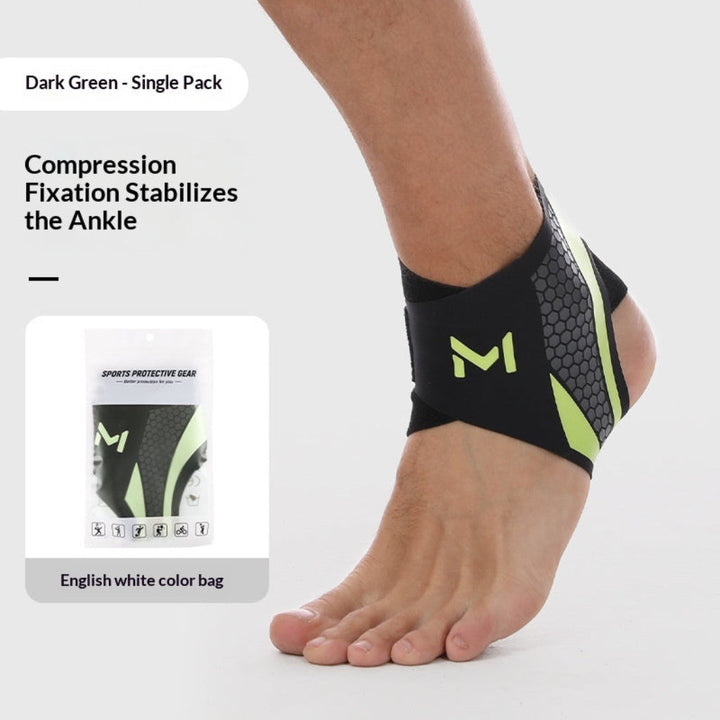Close-up of ankle brace showing breathable elastic material and snug fit