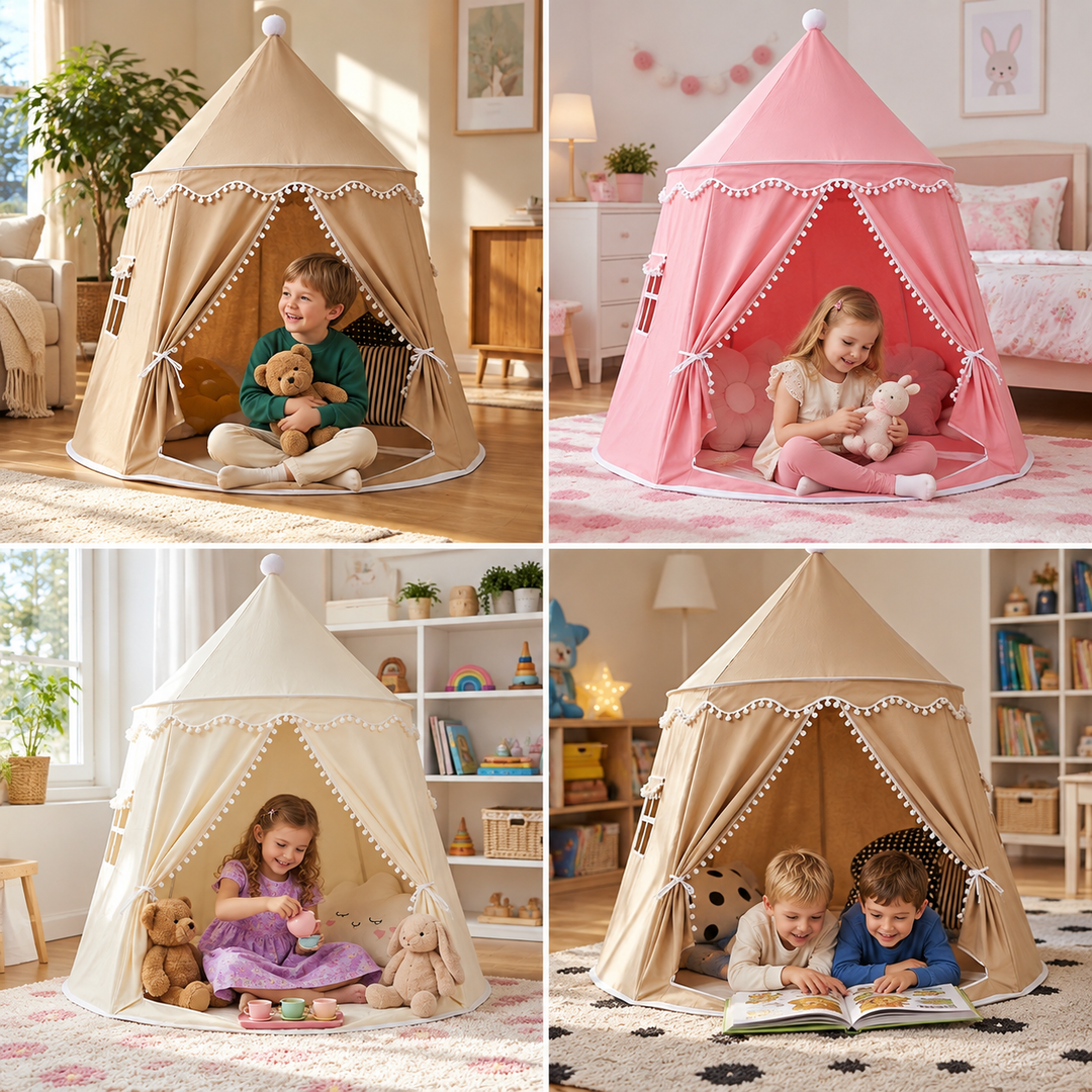 Collage showing khaki and pink kids play tents with children reading and playing