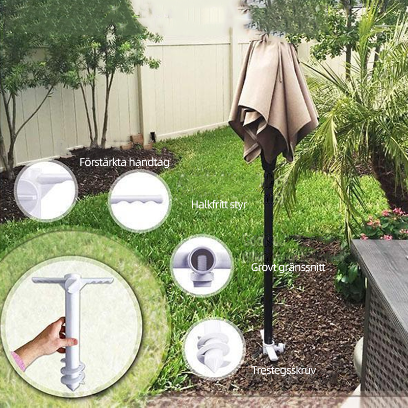 White heavy-duty beach umbrella anchor displayed on grass with detailed feature callouts