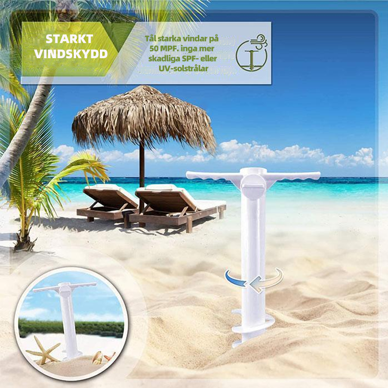 Durable plastic beach umbrella base and holder in use