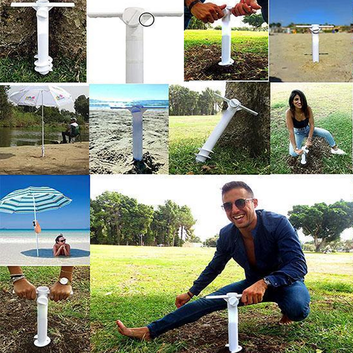 Portable sand screw parasol base for summer beach essentials
