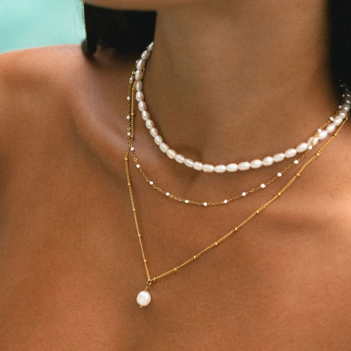 Minimalist white enamel bead choker necklace for women in gold finish