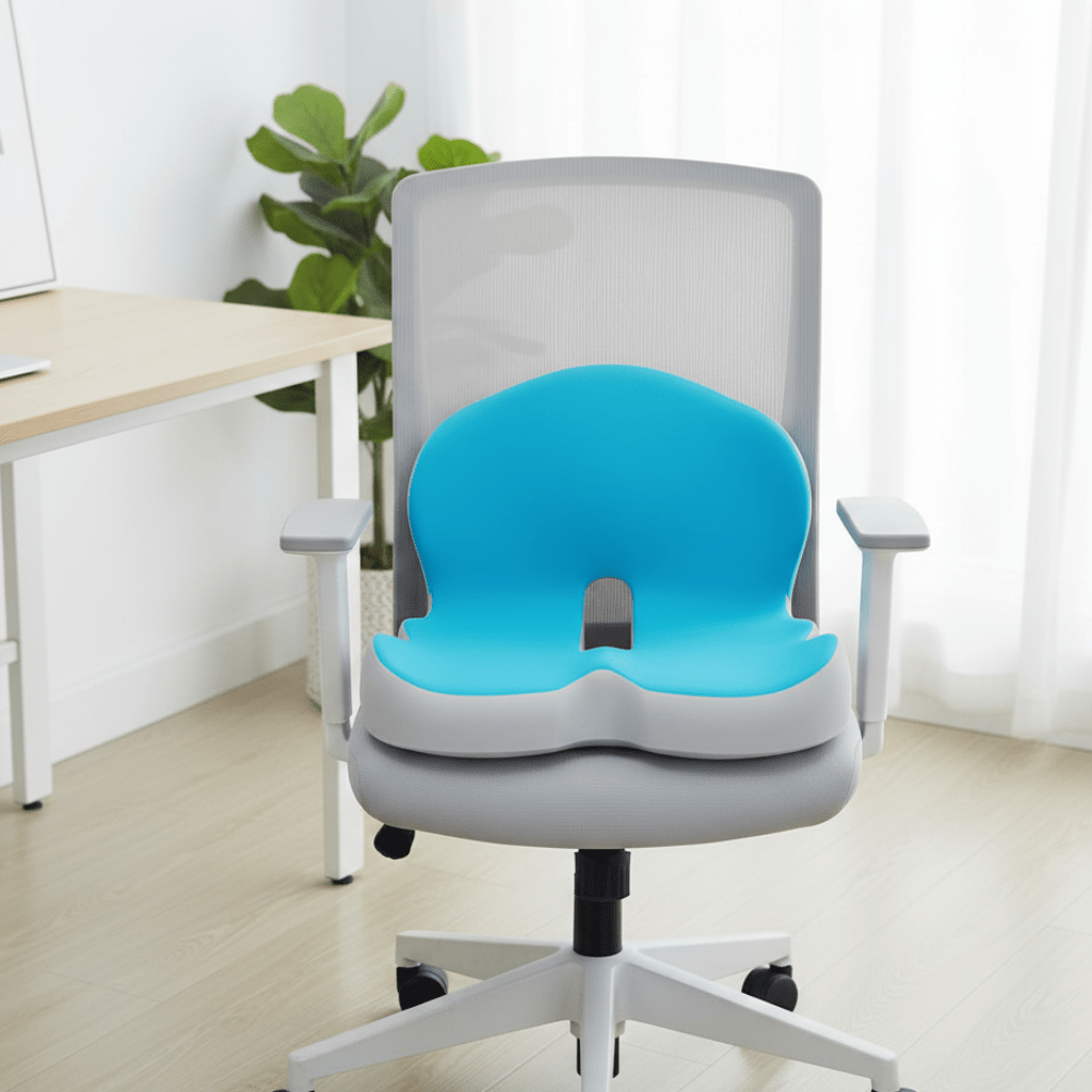 ERGOREST ergonomic blue seat cushion placed on an office chair