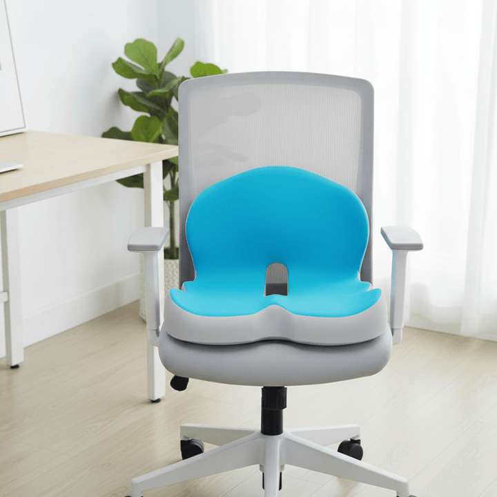 ERGOREST ergonomic blue seat cushion placed on an office chair