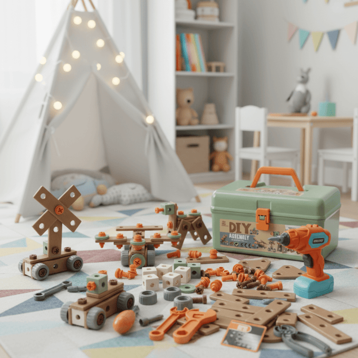 Kids creative tool set displayed with assembled models and a storage case in a playroom