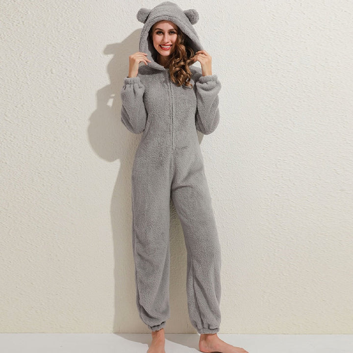 Close up of cute bear ears hood detail on cozy fleece onesie pajama