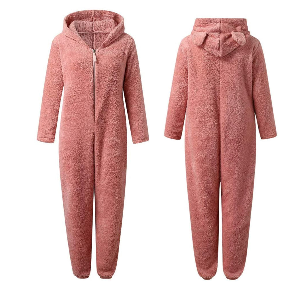 Side angle of fluffy winter onesie showcasing relaxed cozy fit