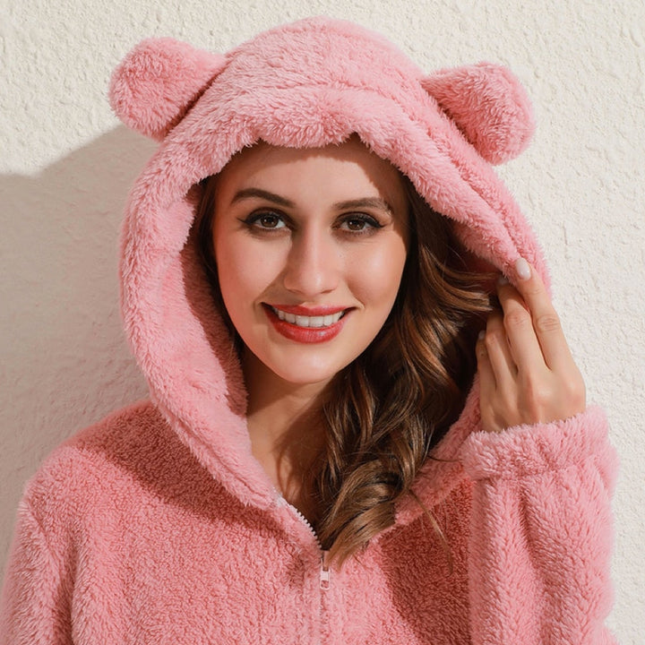 Women's super soft fleece onesie with bear ears in cozy cream color