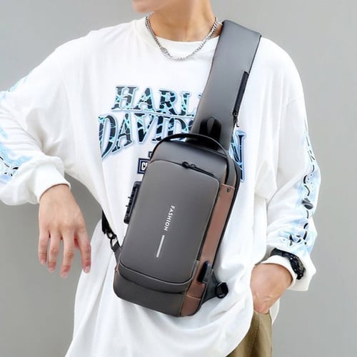 Black anti-theft sling bag worn by a model, demonstrating daily commute style.