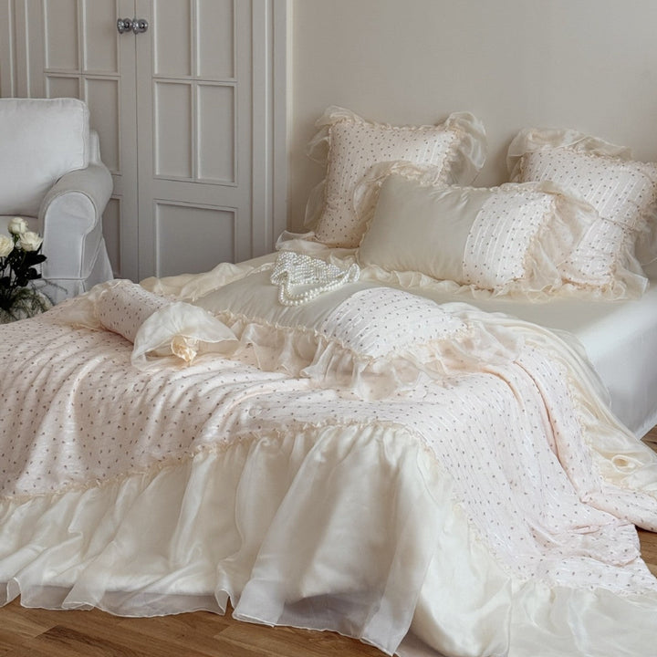 Cocoa whisper luxury chiffon bedding set with quilted texture and ruffles