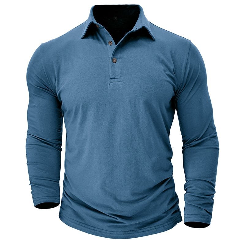 Smart casual long sleeve polo for men, side profile displaying fabric texture and cut.
