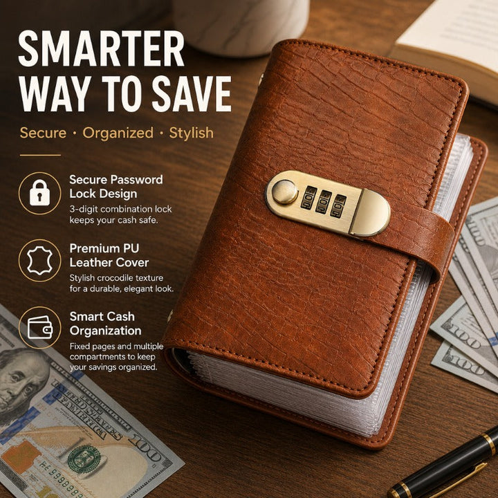 Blue cash budget planner open to show internal rings and organized pockets