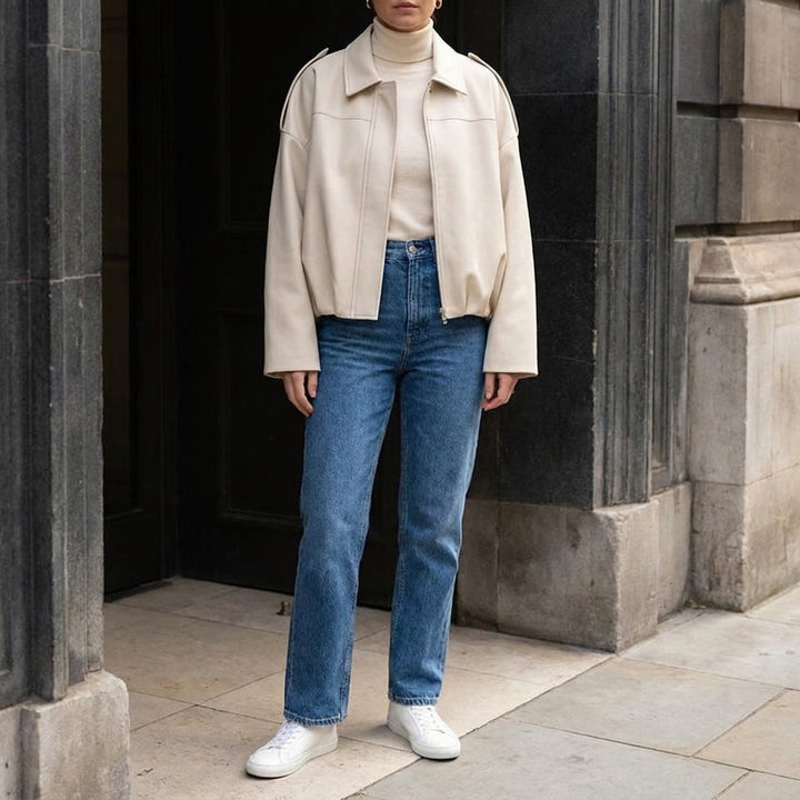 Hanger view of womens trendy cropped bomber outerwear piece