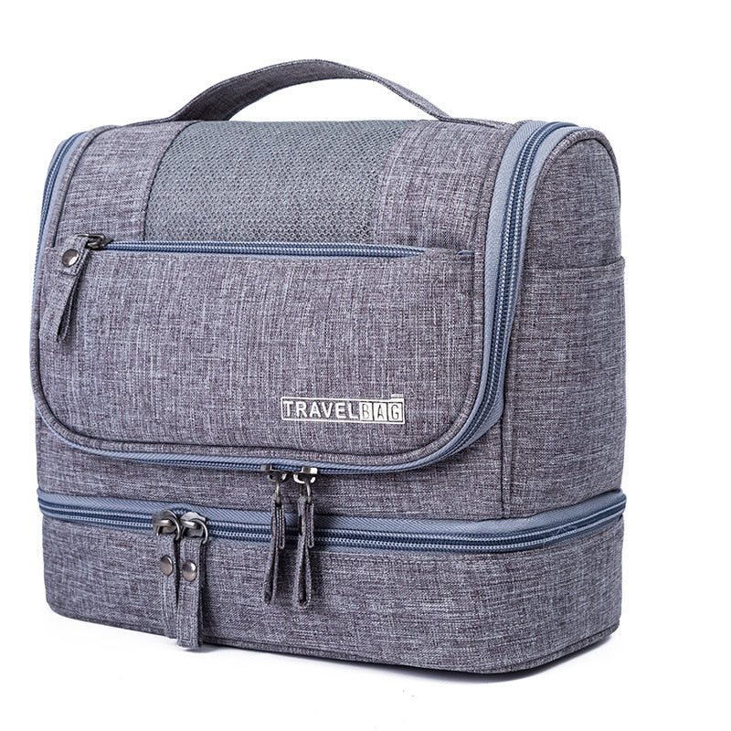 Grey large capacity hanging toiletry bag organizer with multiple compartments