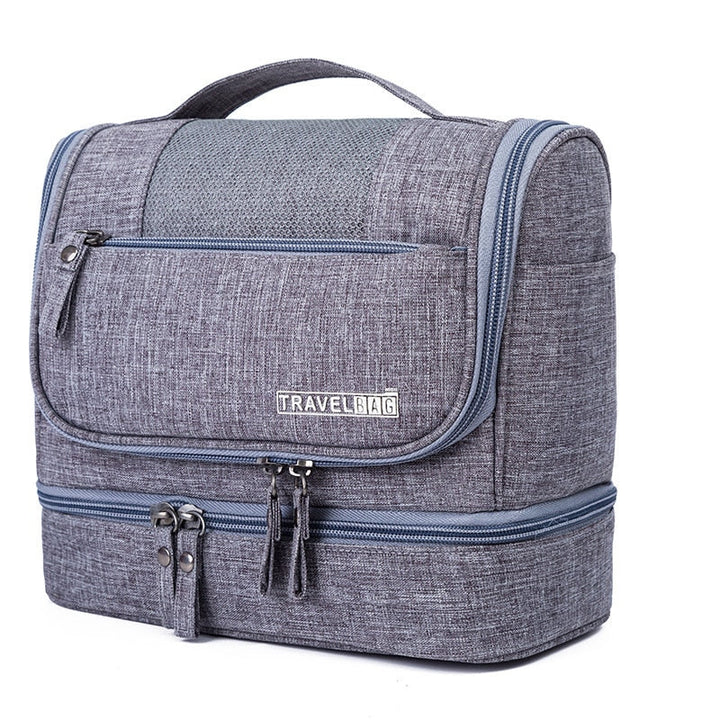 Grey large capacity hanging toiletry bag organizer with multiple compartments