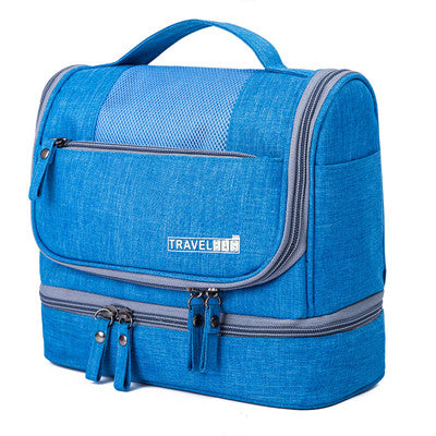 Unisex large capacity hanging toiletry bag open, showing multiple clear compartments for travel essentials