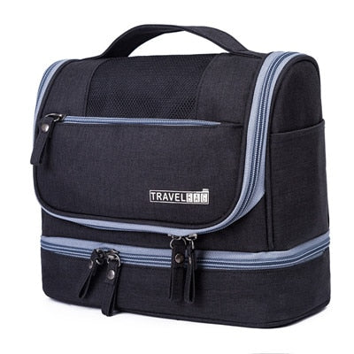 Black travel toiletry bag organizer with sturdy handle and zippers