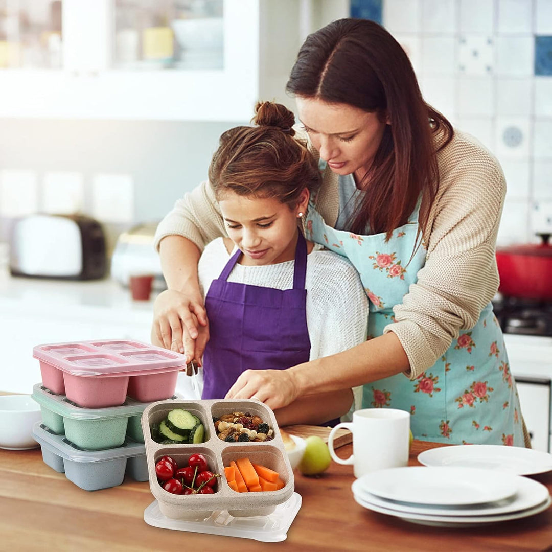 Family preparing meals together using multi-compartment snack boxes