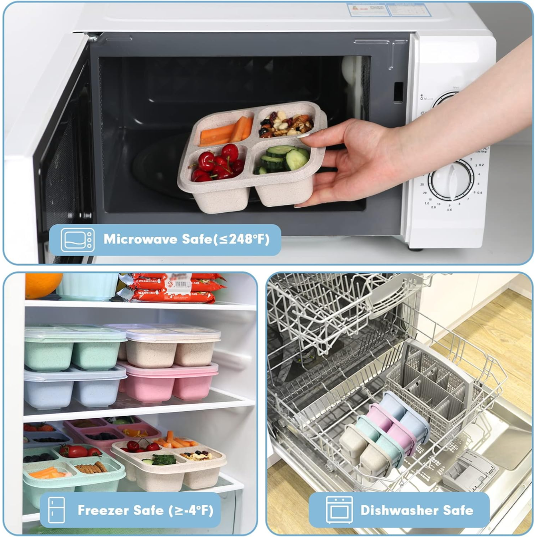 Bento-style 4-compartment meal prep snack boxes stacked neatly in a 4-pack set for easy kitchen storage.