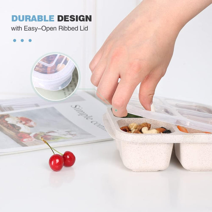 Close-up of a reusable bento lunch box showing four divided sections for portion-controlled food prep.