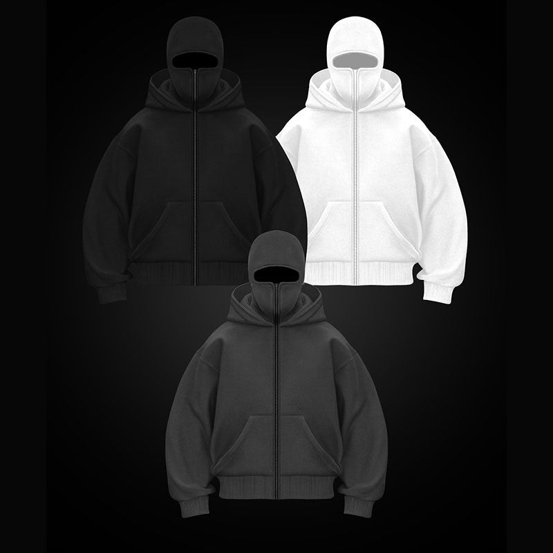 Three full-face mask zip-up hoodies in black, grey, and white displayed together