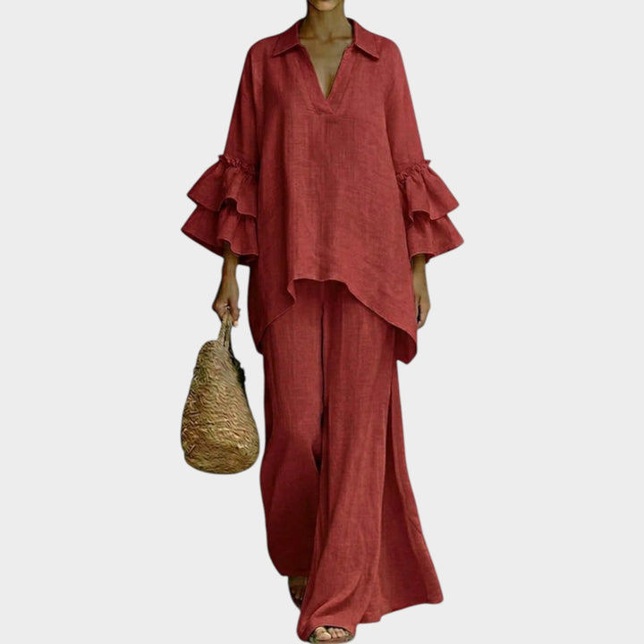 Back view of womens fashion two piece matching set with comfortable wide leg pants