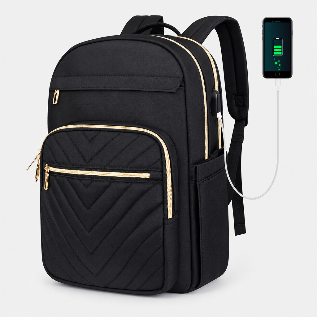 Stylish pink women's tech backpack featuring a built-in USB charging port for travel and work.