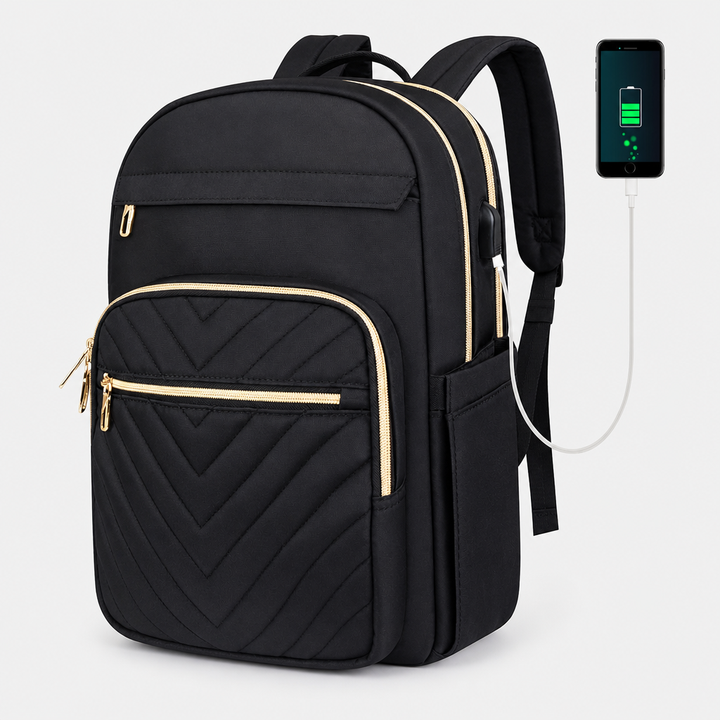 Stylish pink women's tech backpack featuring a built-in USB charging port for travel and work.