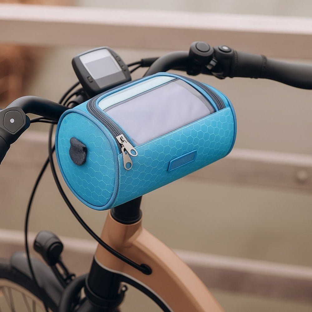 Side view of commuting bike bag attached to handlebars for cycling storage