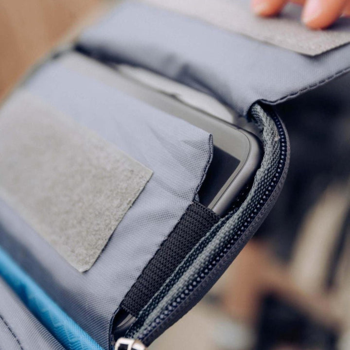 Waterproof bike handlebar bag mounted on bicycle with clear touchscreen phone holder
