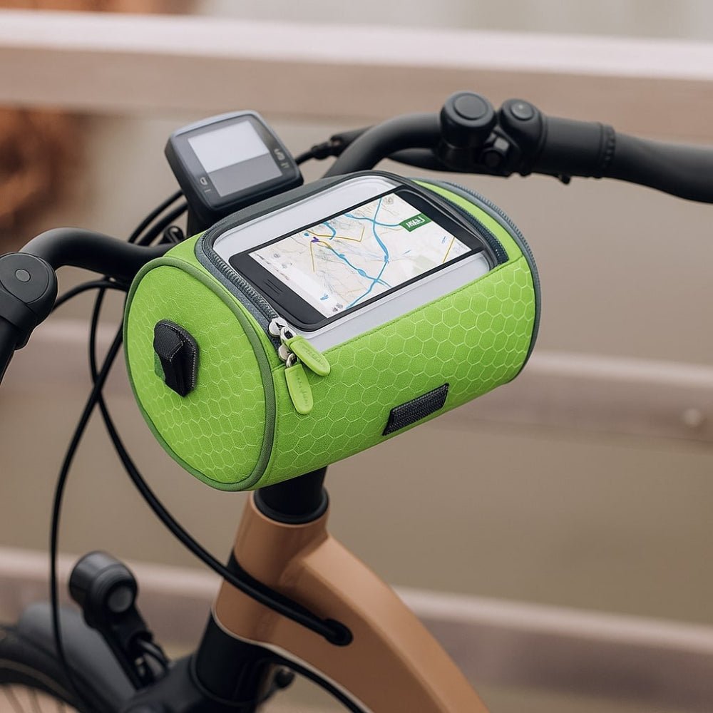 Top angle of waterproof bike bag demonstrating easy access smartphone touchscreen mount