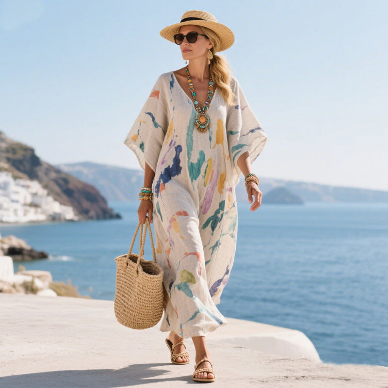 Lifestyle shot of woman wearing floral boho maxi dress on vacation