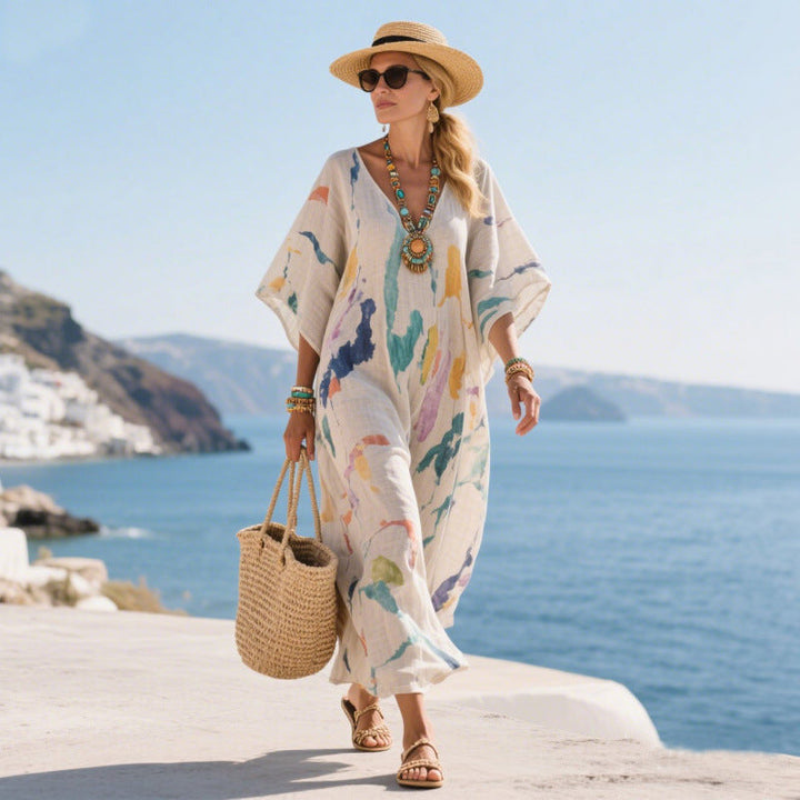 Lifestyle shot of woman wearing floral boho maxi dress on vacation
