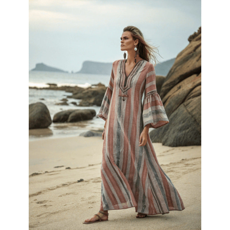 Womens floral boho maxi dress back view showcasing flowy kaftan silhouette